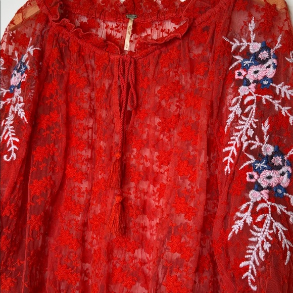 Free People red jubilee floral embroidered sheer peasant top size small - Picture 2 of 12